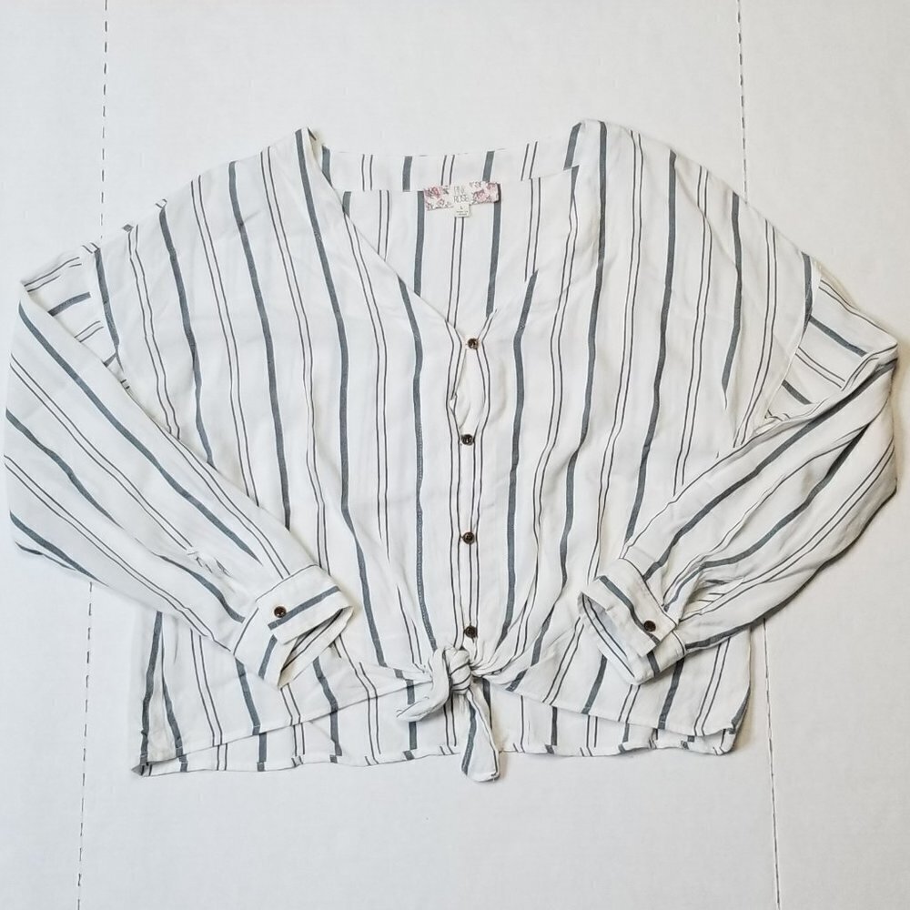 Pink Rose Tie Front Blouse Large White Blue Stripe